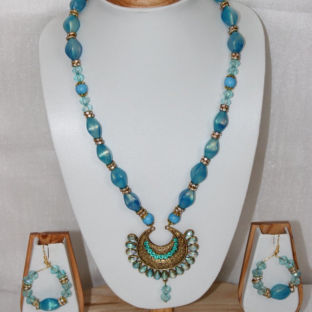 Bluestone Jewellery Set Skyblue Jewellery Set Blue Beads Long Necklace Set - Picture 1 of 2